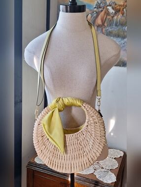 Scoop Woven Straw Crossbody Bag with Satin Scarf Accent, Style#SC221129